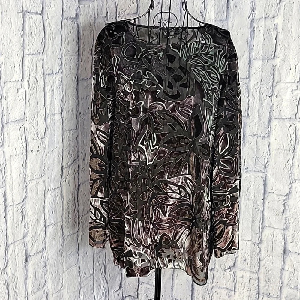 ADDITIONS BY CHICO Semi Sheer Floral Raised Velveteen Blouse Medium‎